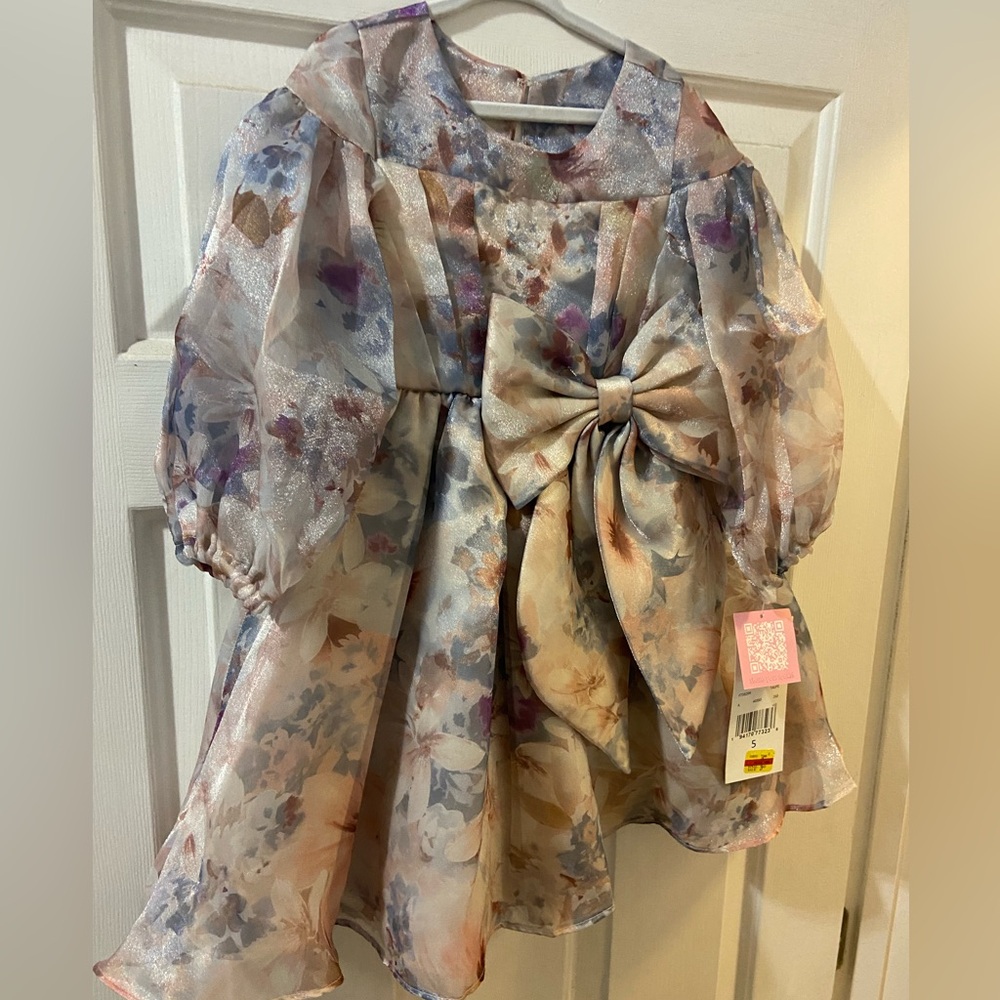 Girls 5 5T NWT Shimmer Floral Puffy Dress Bow Rare Editions Flower Girl